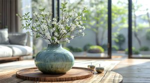 A vase with flowers on a wooden table
